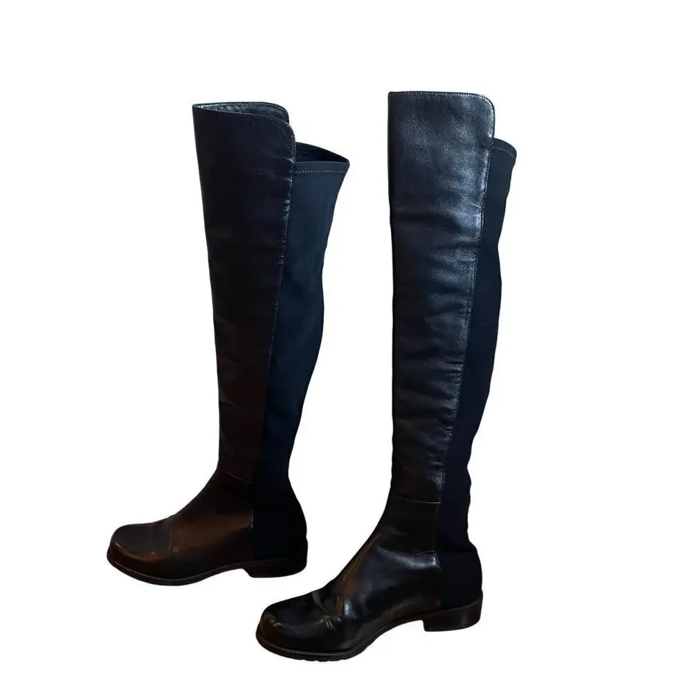 Stuart Weitzman 5050 Black Leather Elastic Back Round Toe Tall Boots EU35.5 US5